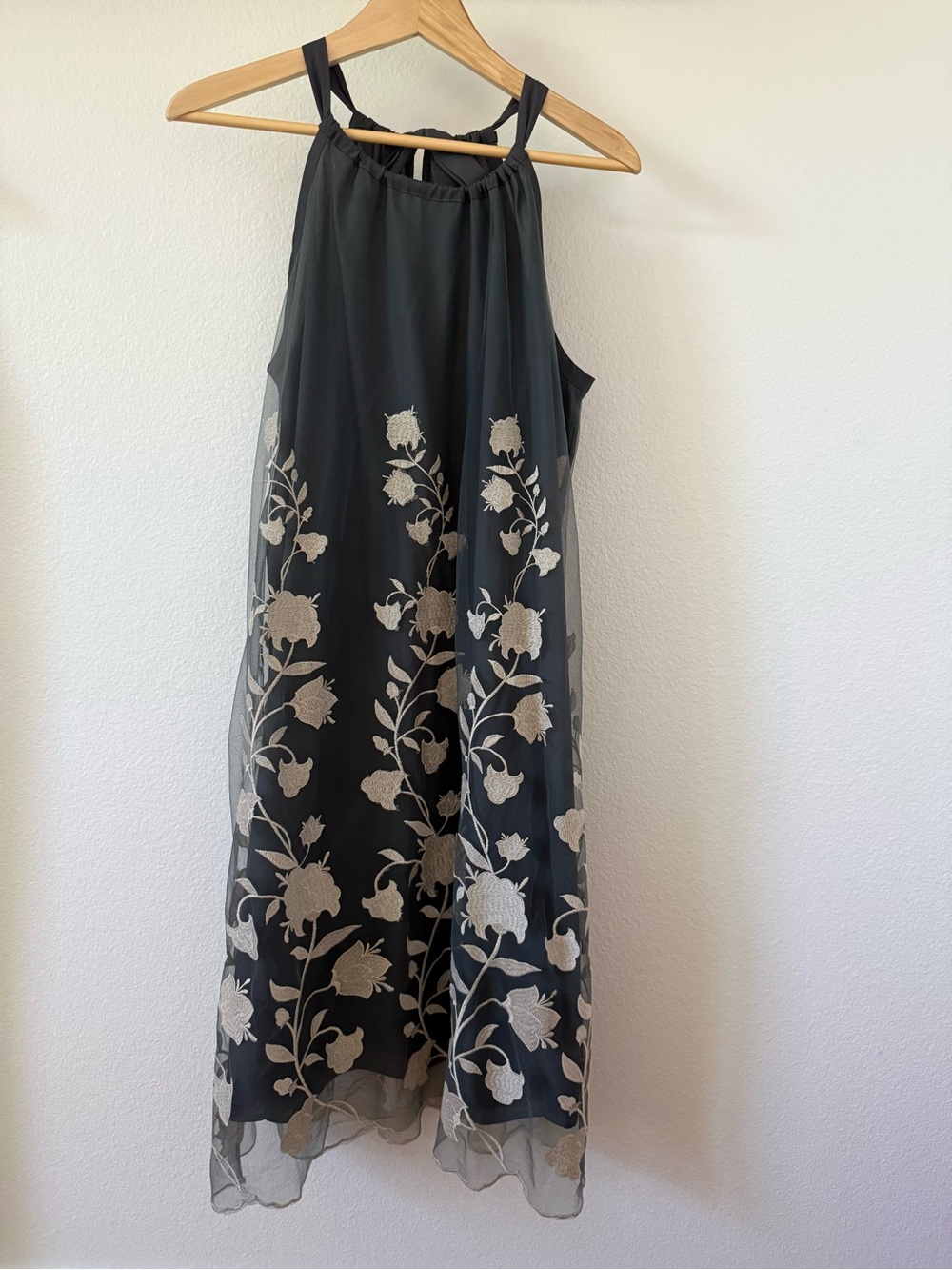 Black (muted) Chiffon Overlay Sleeveless Dress with Cream Floral Embroidery